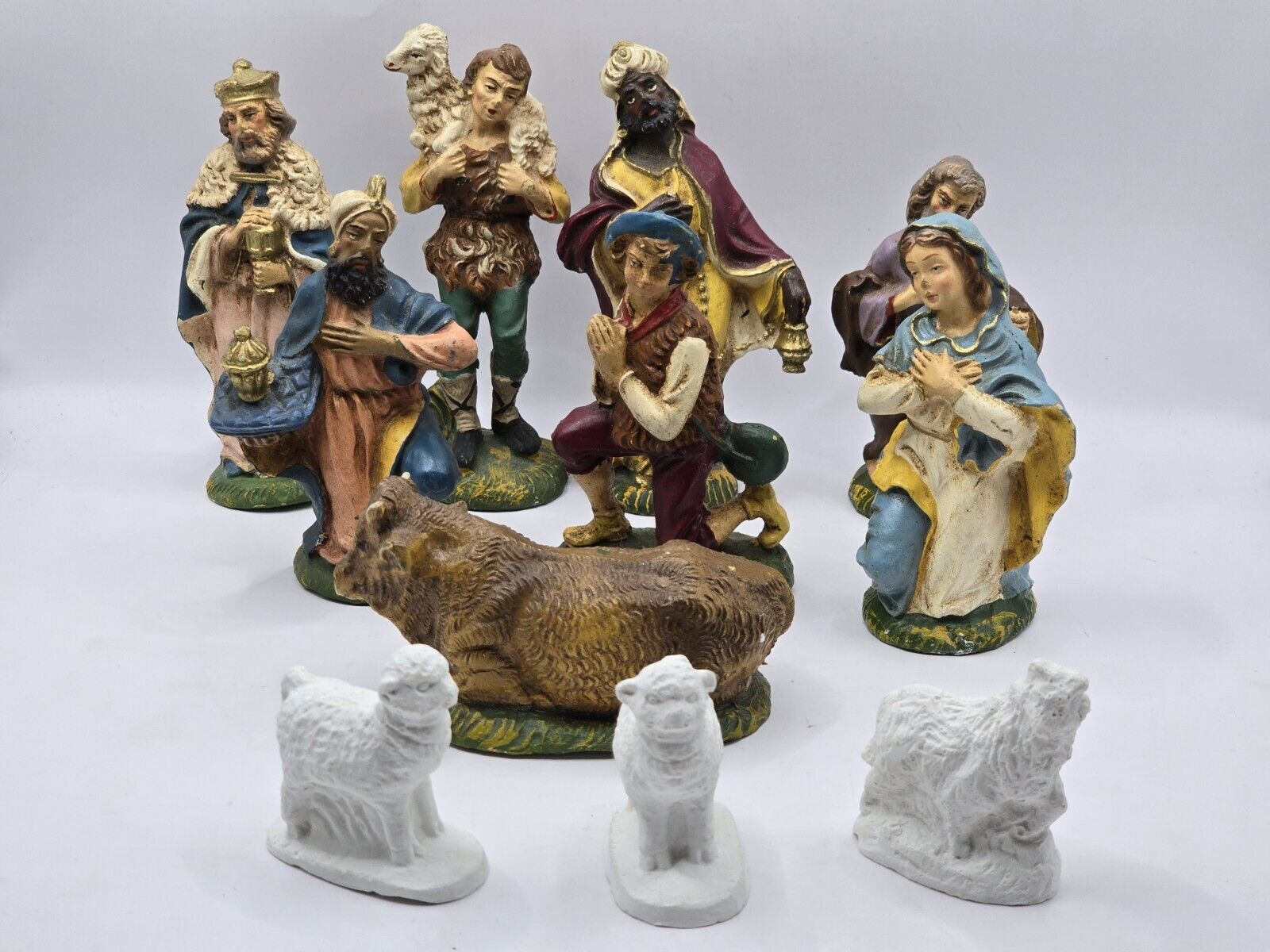11-Vintage 50's Hand Painted Italian Paper Mache Composition Nativity Figure Lot
