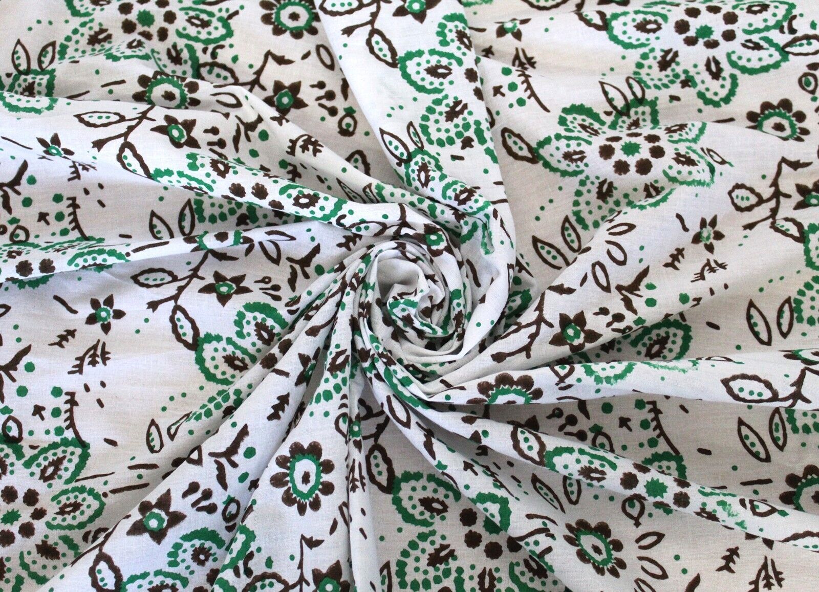 Black Green Indian Handmade Floral Print Cotton Fabric Hand Block Fabric By Yard