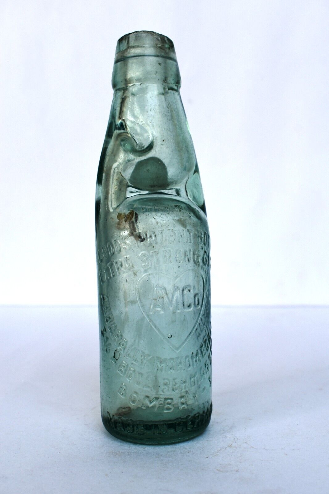 Vintage Soda Bottle Germany Codd Neck Marble Stopper Transparent Amco Brand\