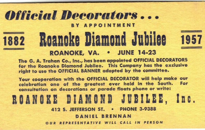 Roanoke Diamond Jubilee 1950s Decorators Daniel Brennan Vintage