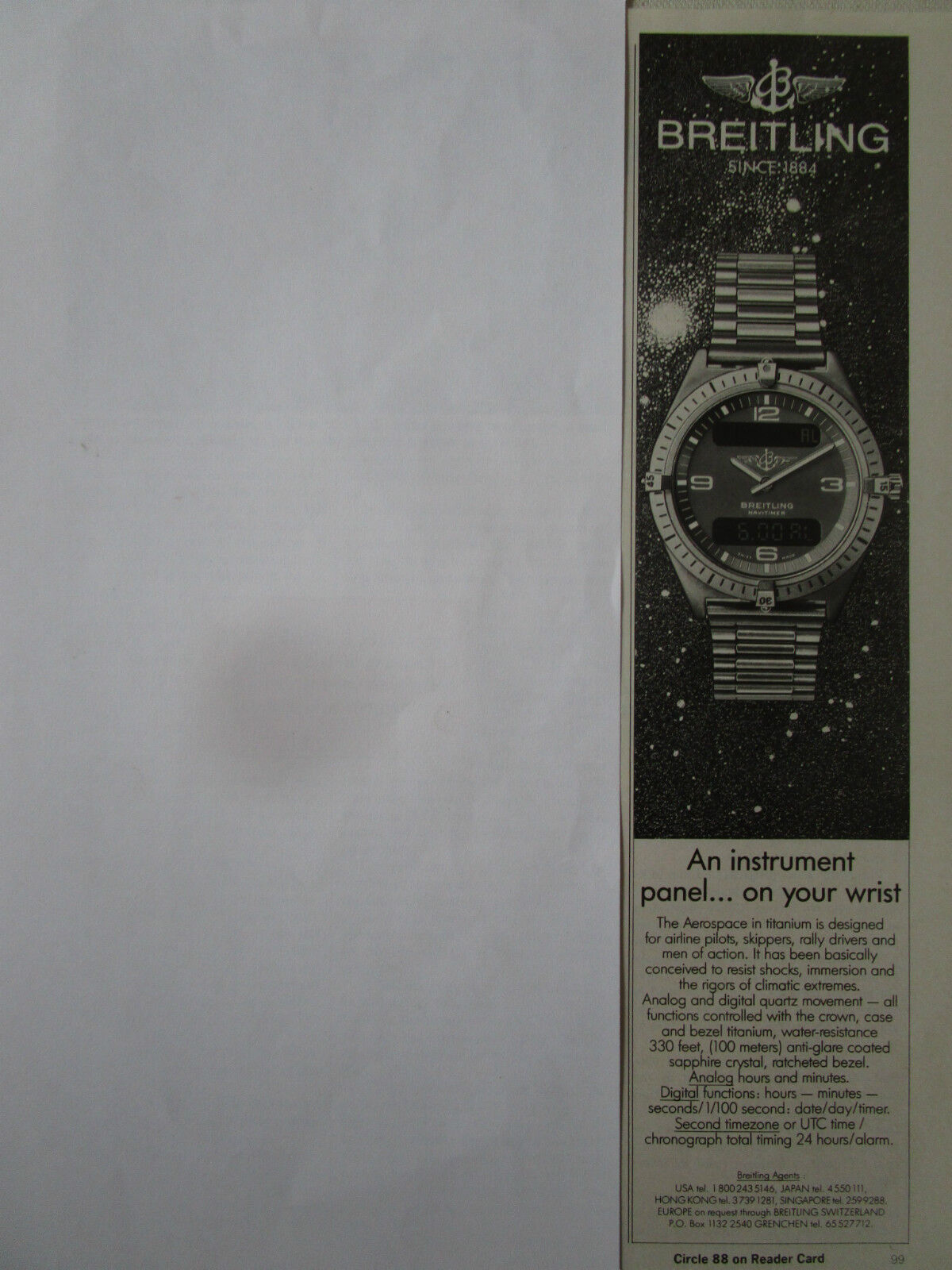 7/1989 PUB WATCH BREITLING WATCHES AEROSPACE TITANIUM CHRONOGRAPH ORIGINAL AD