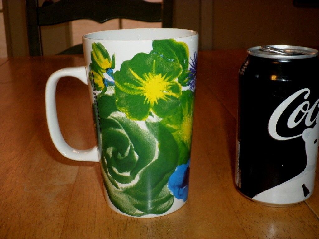 STARBUCKS COFFEE- GREEN & BLUE PAINTED FLOWERS, Ceramic Coffee Mug/ Cup, VINTAGE