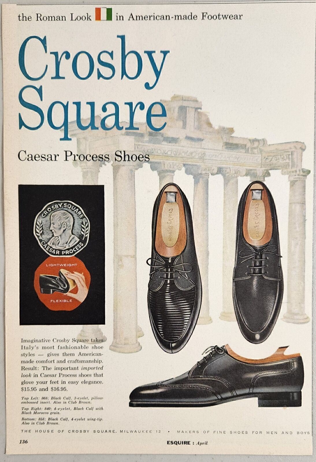 1959 Print Ad Crosby Square Caesar Process Shoes for Men Milwaukee,Wisconsin