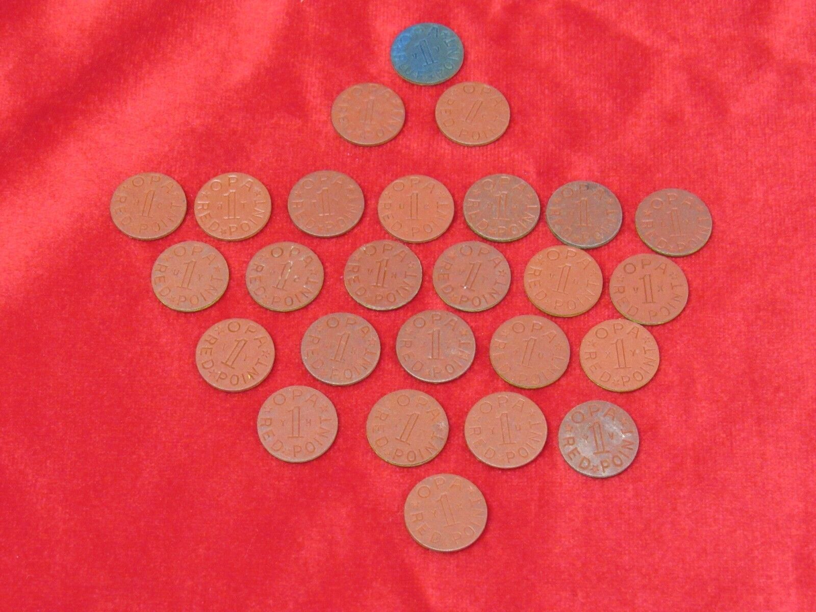 Vintage WWII OPA Lot Of 26 Ration Tokens. 23 Red, 1 Blue and 2 Red Uncommon.