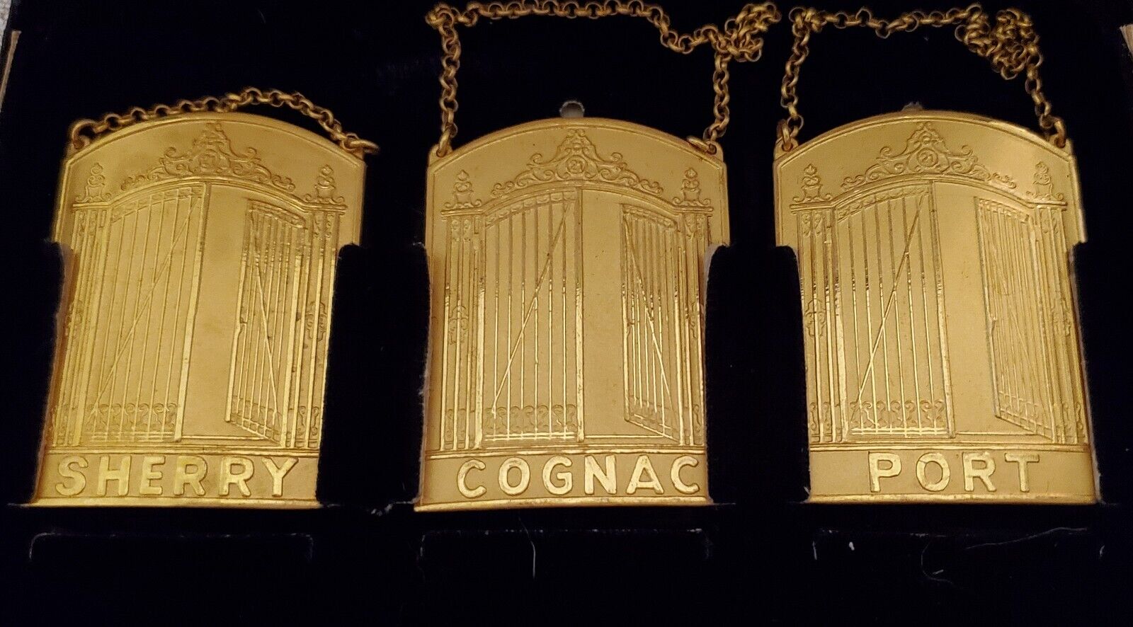 Vintage Gilt Bronze Decanter Tags from The 21 Club NYC  Sherry, Cognac,Port IOB