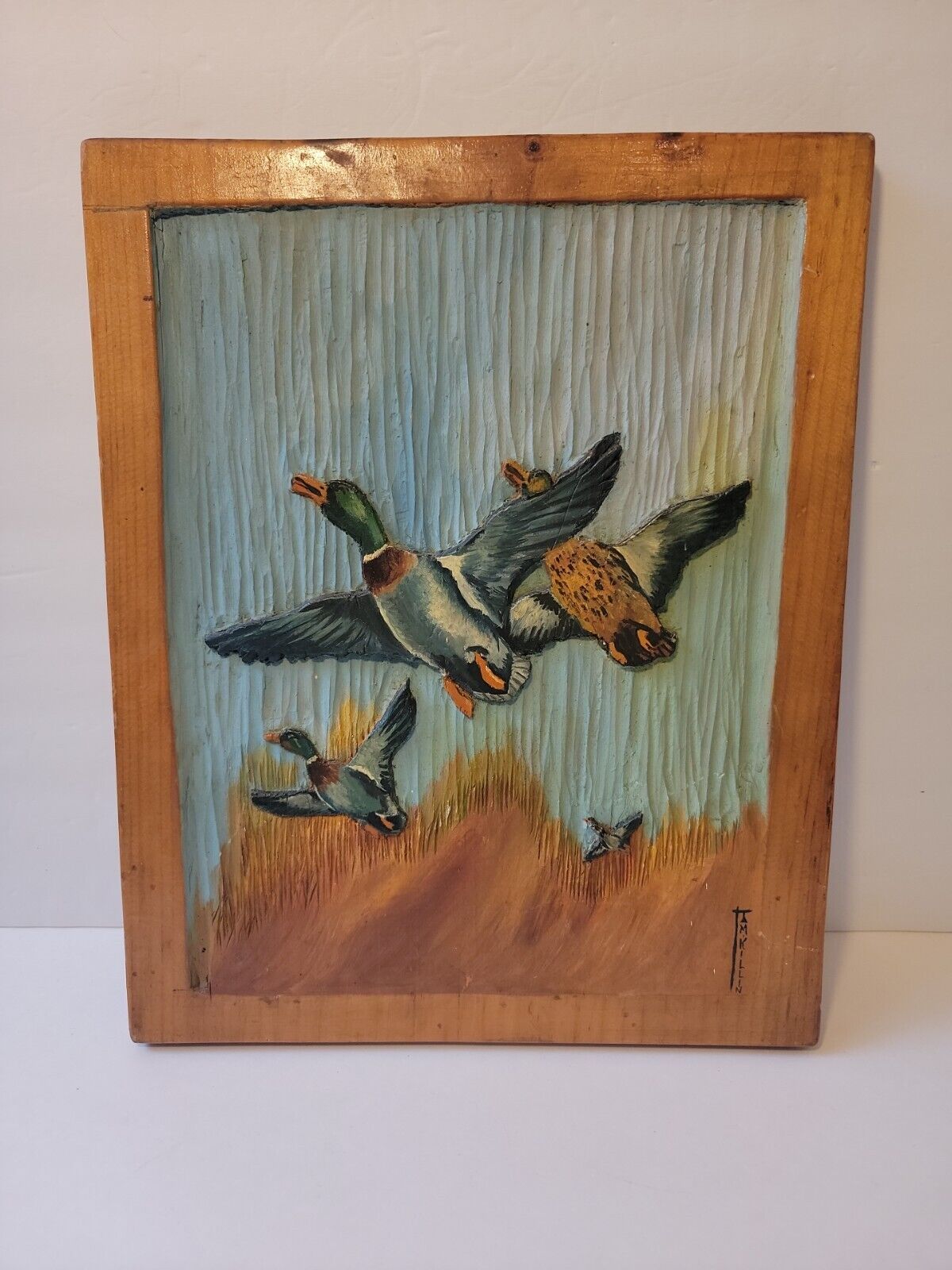 Handcrafted Wood Wall Art Ducks Flying Birds Framed Painted 15\