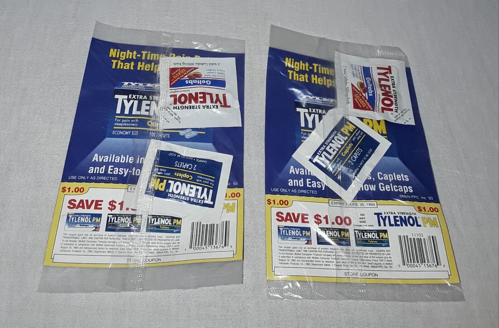 1994 TYLENOL EXTRA STRENGTH AND TYLENOL PM SAMPLE PACKS AND COUPONS 2 SEALED NOS