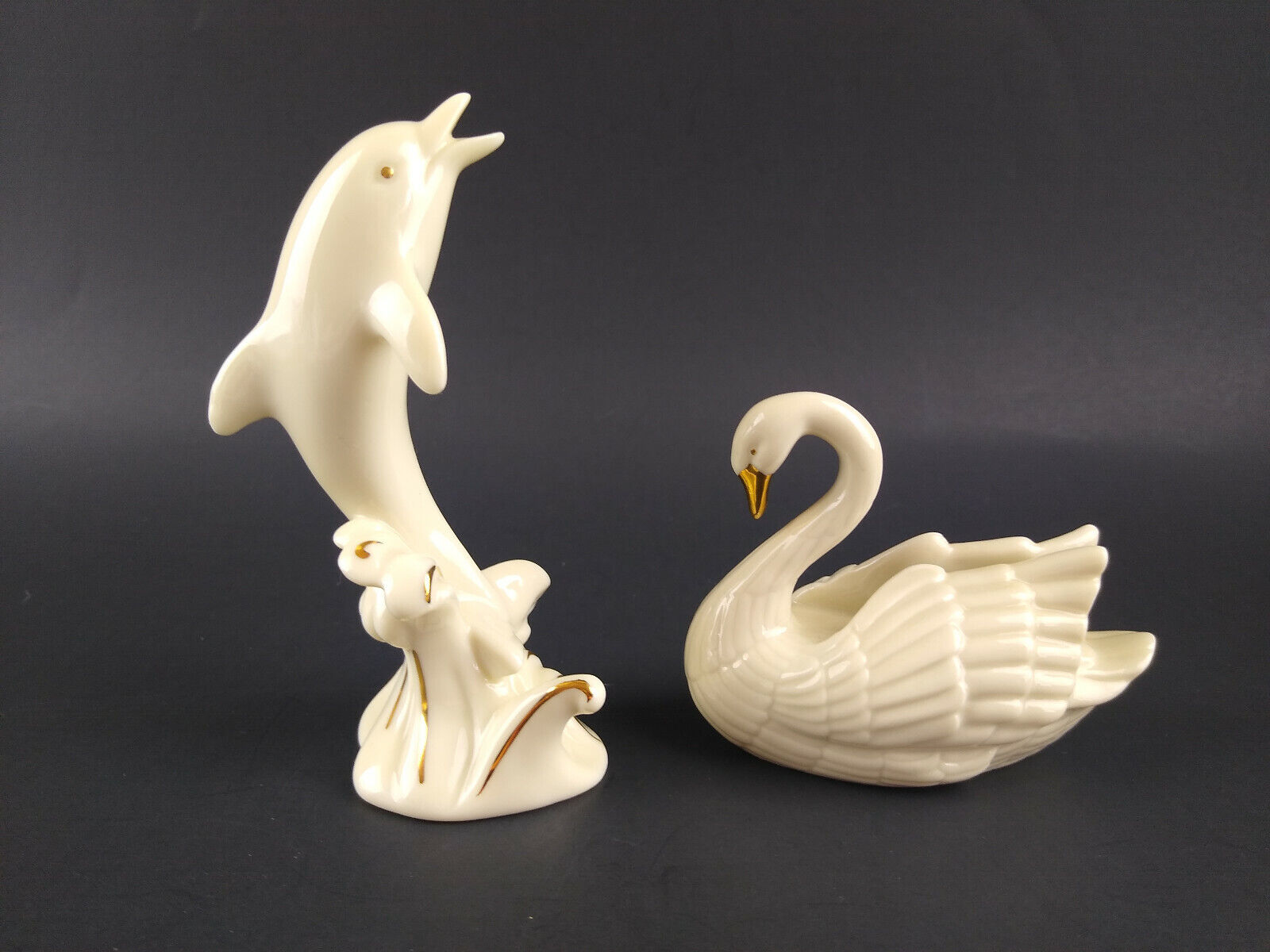 Swan and Dolphin Small Figurine Set Cream with 24K Gold Trim Lenox Set 