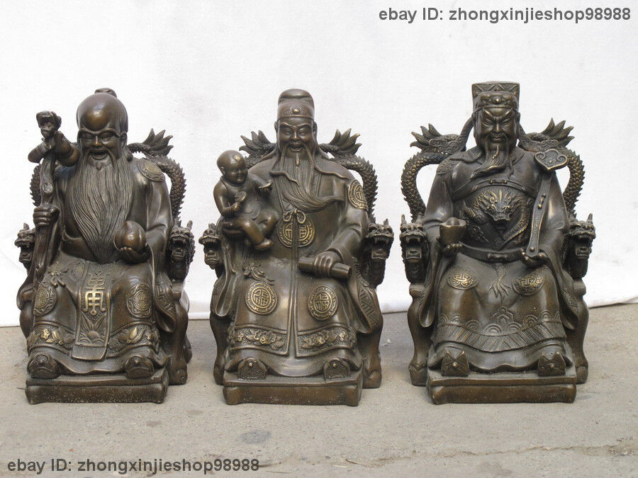 China pure Bronze carved Dragon Chair Three Longevity God Fu Lu Shou Buddha Set