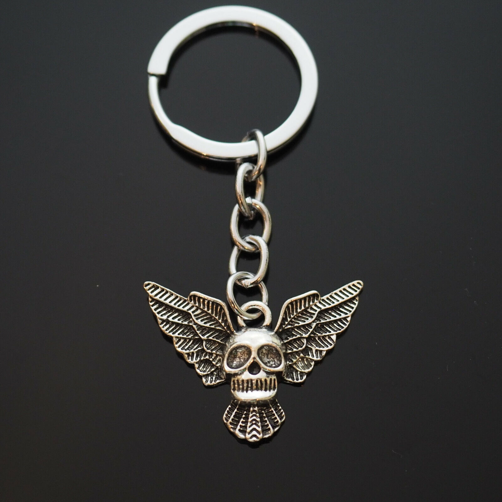 Skull and Wings Winged Bat Memento Mori Silver Charm Keychain Key Chain Gift