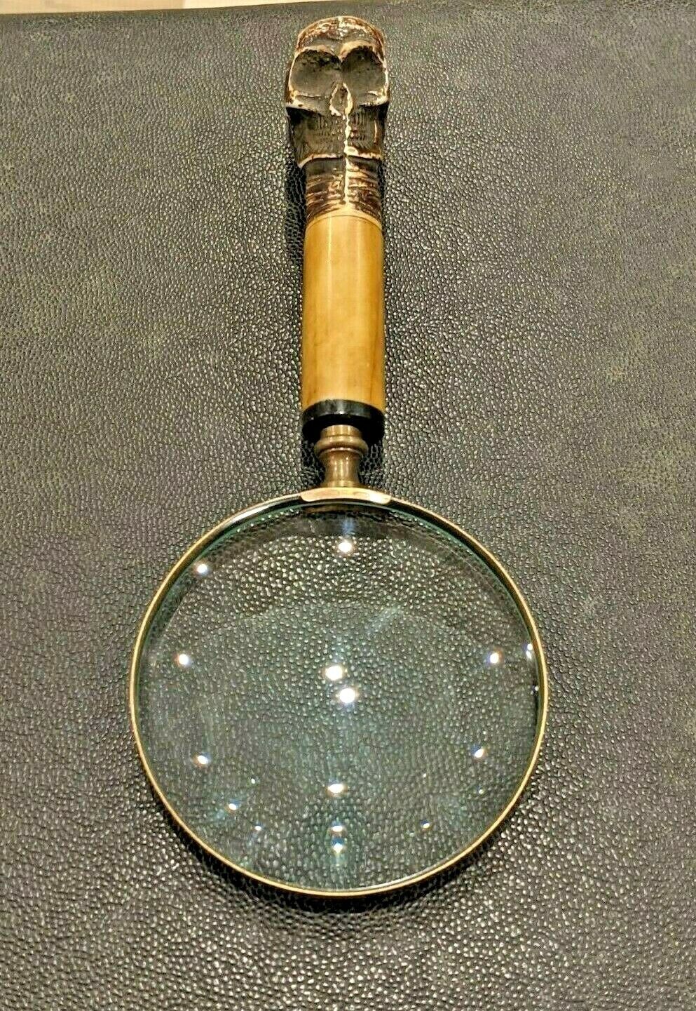 Antique Vintage Style Brass Magnifying Glass Magnifier Skull Handle Home ~Office