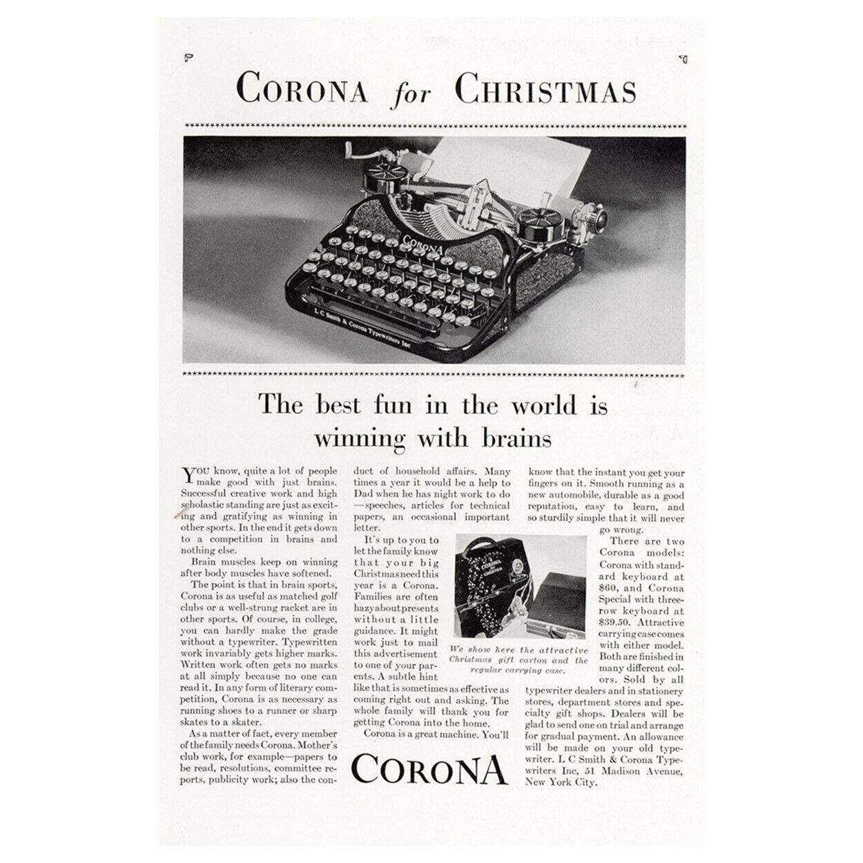 1929 Corona Typewriter: Winning With Brains Vintage Print Ad