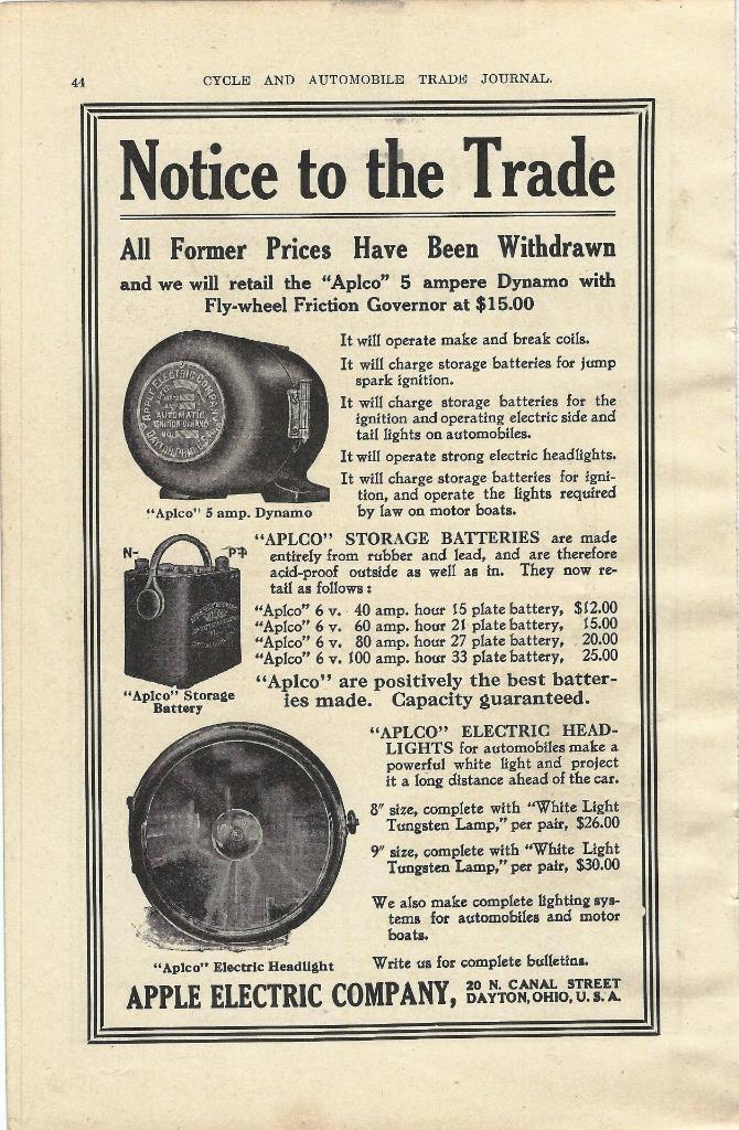 1910 Apple Electric Co/ Auto headlights/Storage Battery/ Dynamo