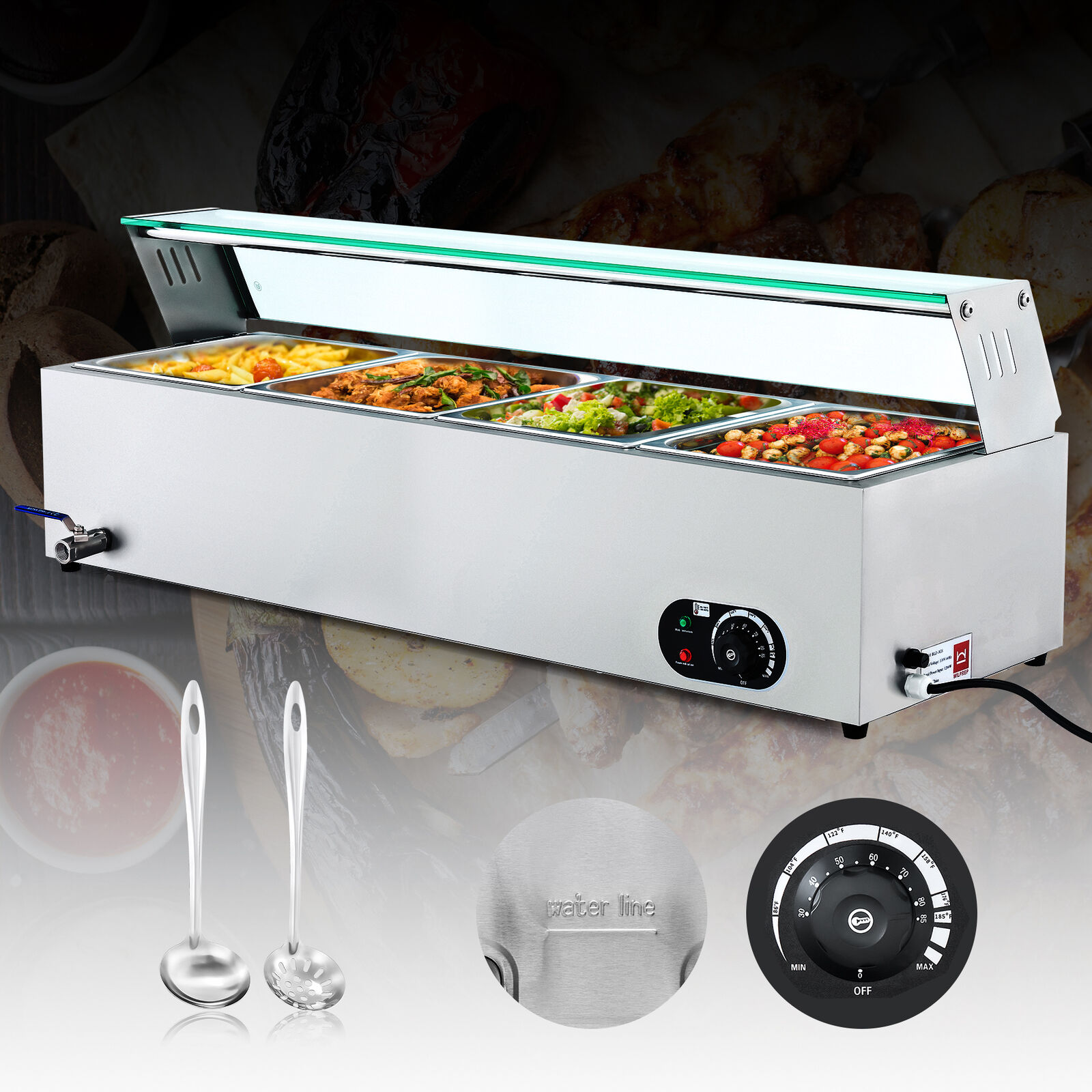 1200W Commercial Food Warmer 4-Pan 40Q Bain Marie Steam Table Countertop Shield