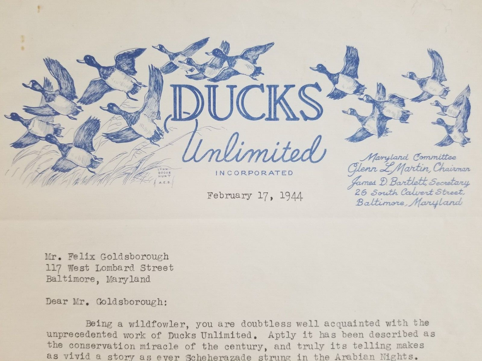 Antique 1944 Ducks Unlimited Letterhead