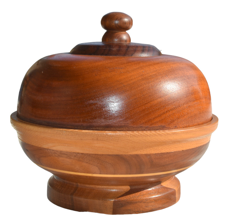 Vintage Solid Hand Carved Wooden Pedestal Trinket Bowl With Lid Mixed Wood 7.5