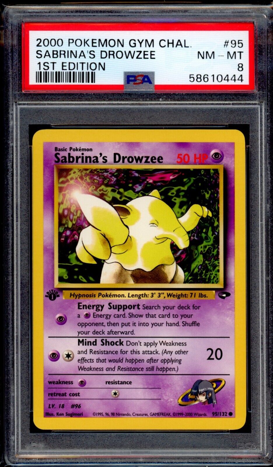 PSA 8 Sabrina\'s Drowzee 2000 Pokemon Card 95/132 1st Edition Gym Challenge