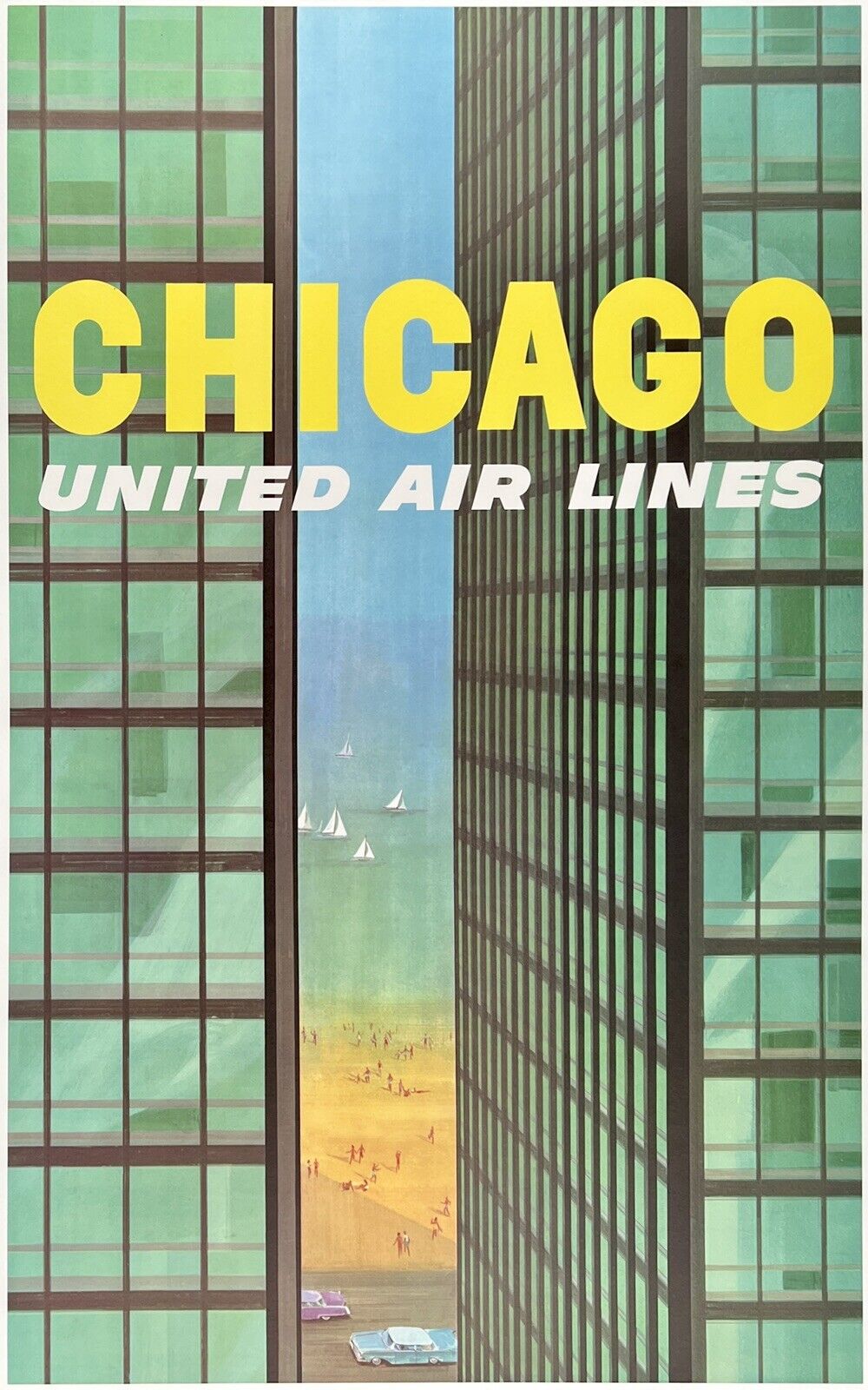 Original Vintage Poster CHICAGO UNITED AIR LINES Airline Travel Mies Galli LINEN