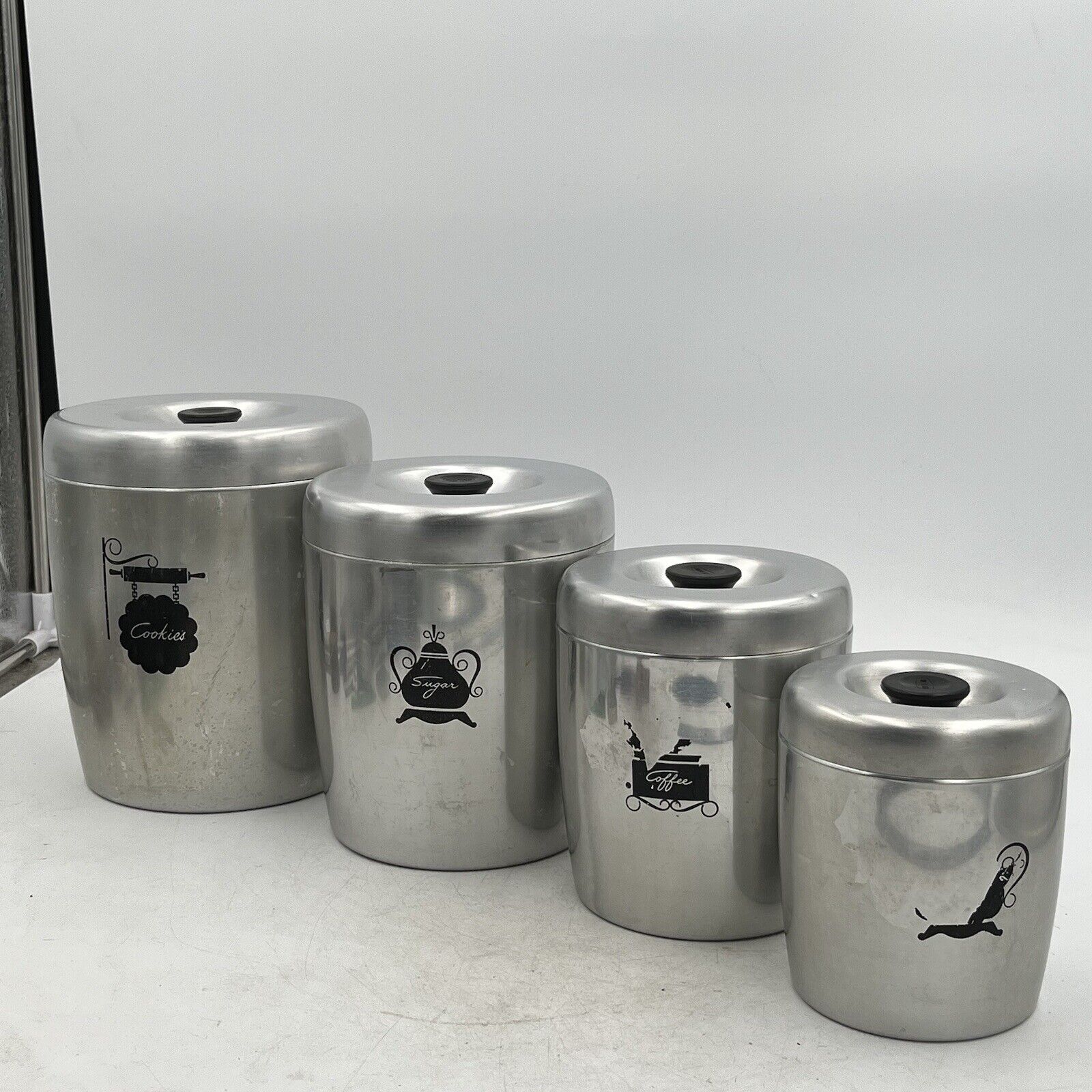 VTG MCM WEST BEND Aluminum 4 Pc Canister Set Silver W/ Lids Cookies Jar Sugar