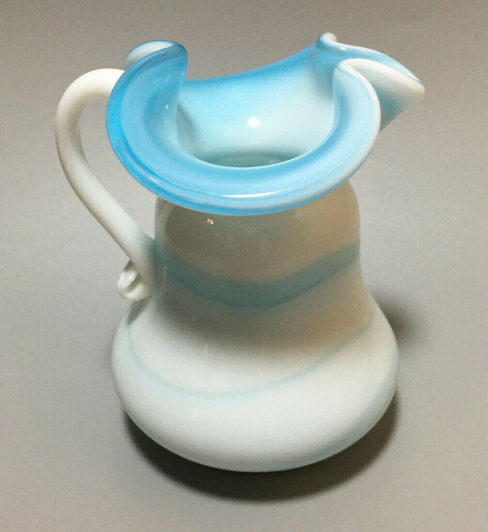 Vintage Small Glass Pitcher Swirl White & Blue Glass - Applied Handle, Very Cute