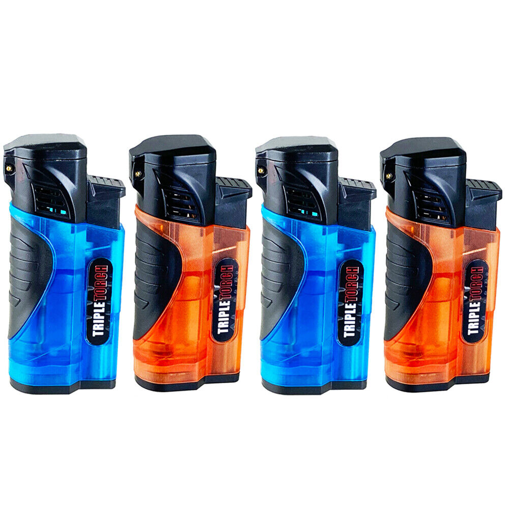 4 PACK Triple Clear Color Torch Lighter Adjustable Flame W/Cigar Puncher