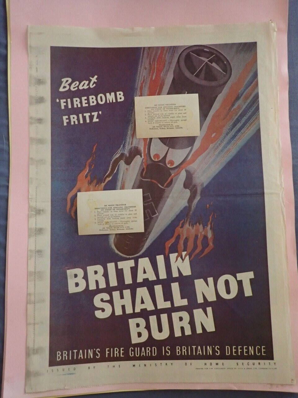 WORLD WAR II PROPAGANDA POSTER LONDON PAPER FIREBOMB FRITZ BRITAIN NOT BURN 1940