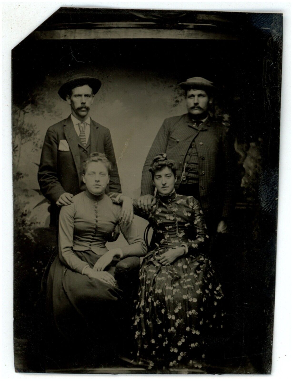 c1860'S 1/6th Plate TINTYPE Two Handsome Men With Mustaches Wives in Dresses