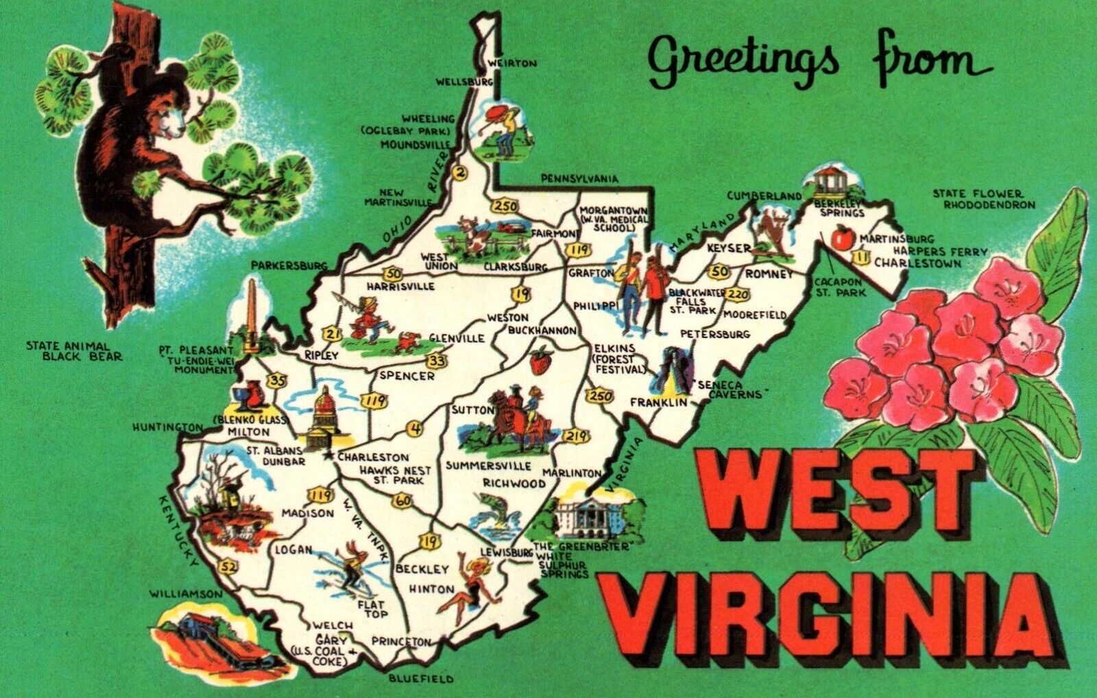 West Virginia Map Vintage Postcard Unposted