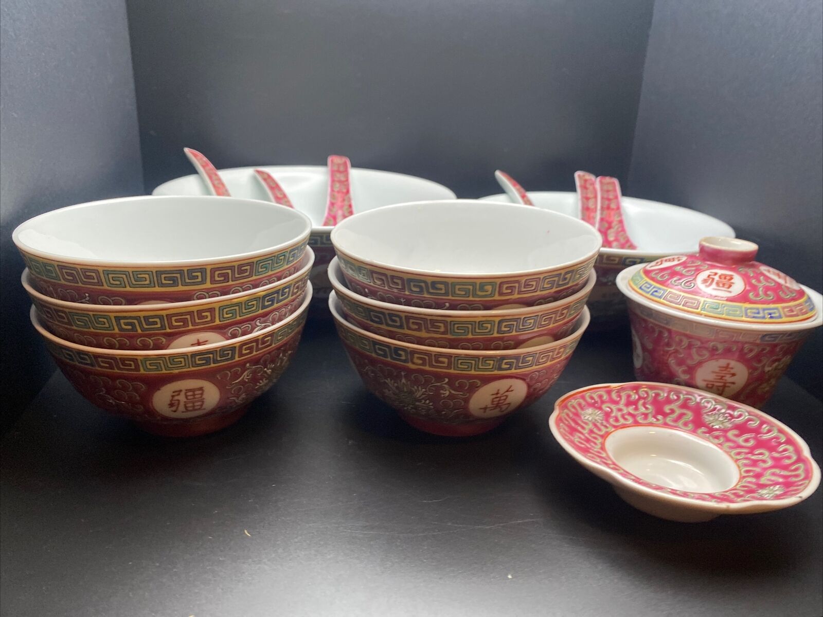 Red Famille Rose Jingdezhen Mun Shou Rice Soup Porcelain Bowls w/ Spoons - 17 Pc