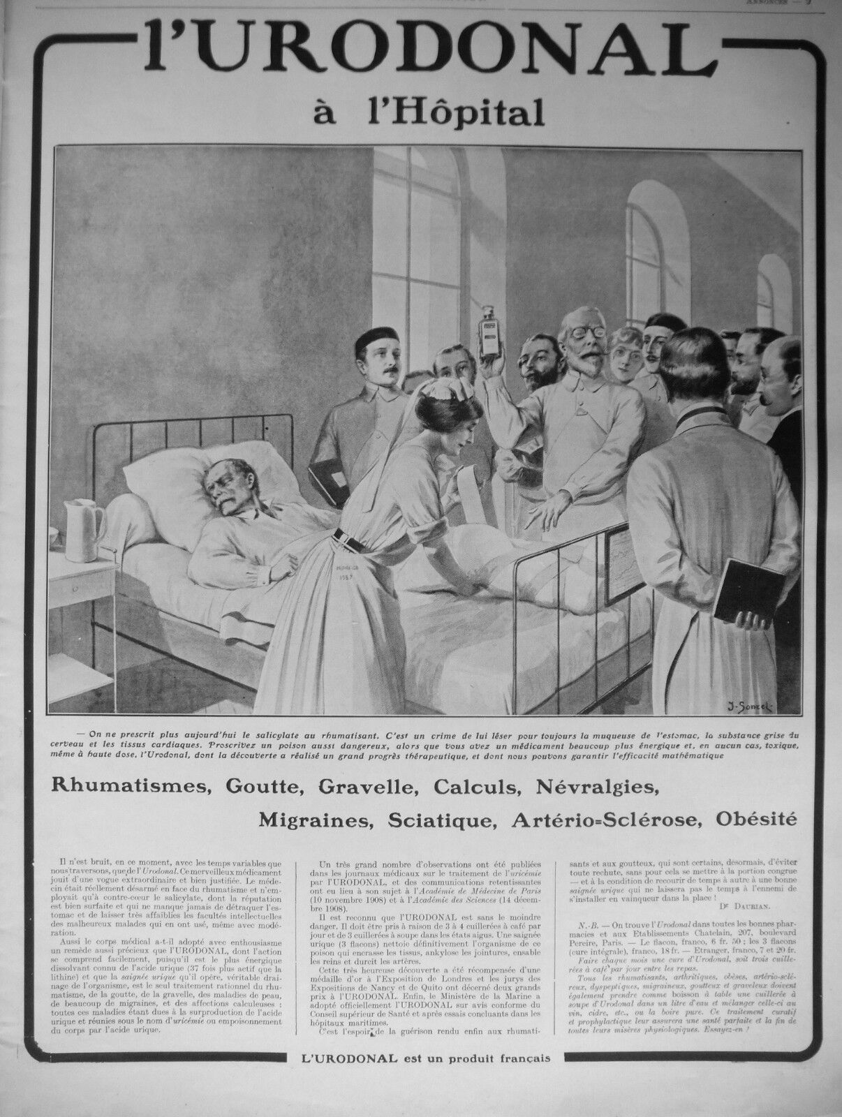 AD PRINT Original 1913 URODONAL at the hospital for migraine rheumatism obesity