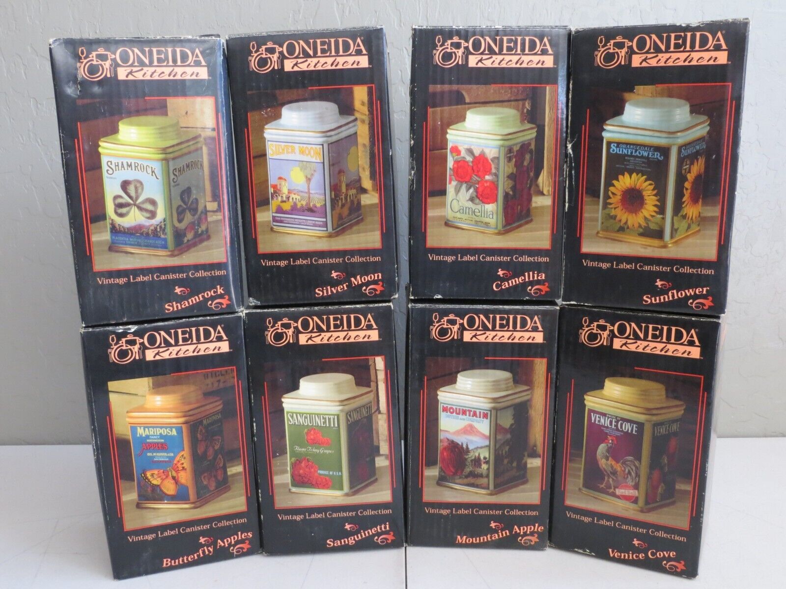 Complete Set Of (8) Oneida Vintage Label Collection Ceramic Canisters