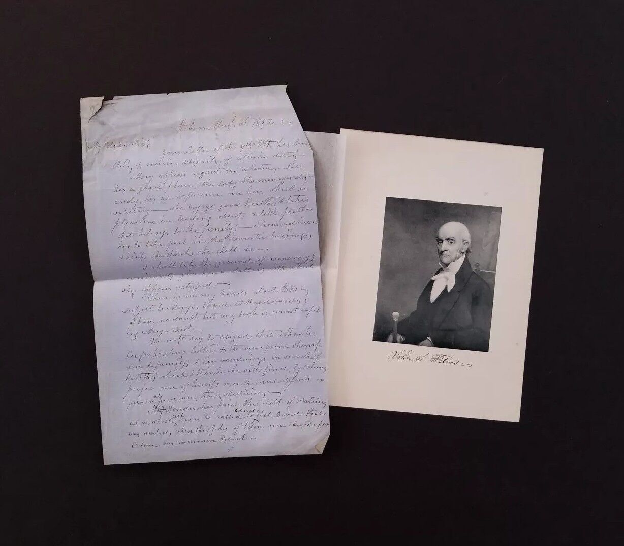 1852 JOHN S PETERS Handwritten/Signed Letter & Engraved Photo ~ Connecticut Gov.