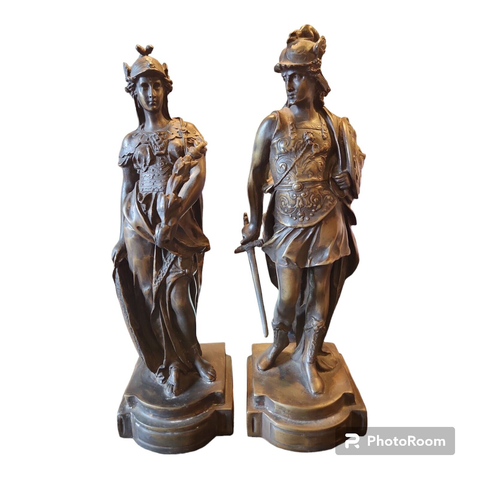 Antique Bronze Male and Female Roman Greek Warrior Statues