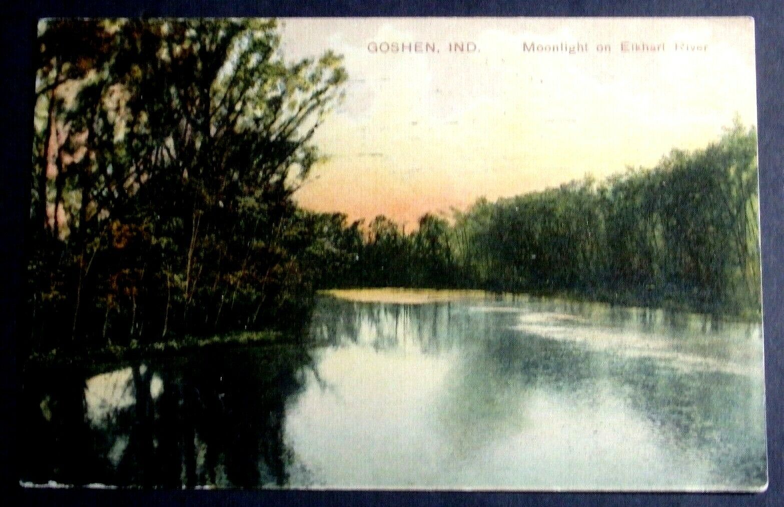1908 POSTCARD OF MOONLIGHT ON ELKHART RIVER GOSHEN INDIANA