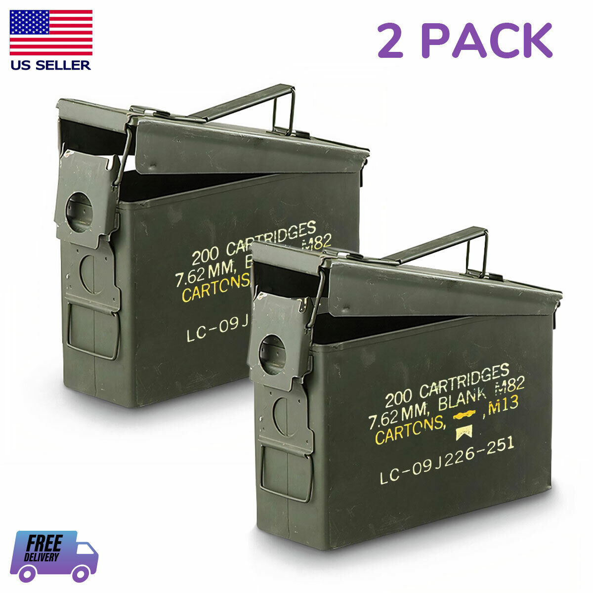 2-Pack U.S. Military Surplus .30 Caliber Ammo Can Steel Waterproof Storage Box