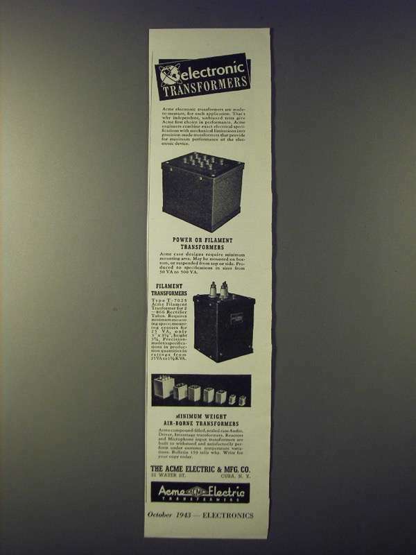 1943 Acme Power or Filament Transformers Ad - Electronic transformers