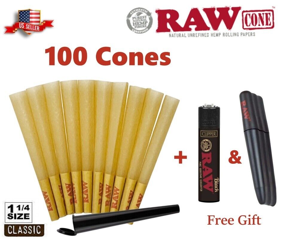 Authentic RAW Classic 1 1/4 Size Pre-Rolled Cone 100 Pack & Clipper & Tree case