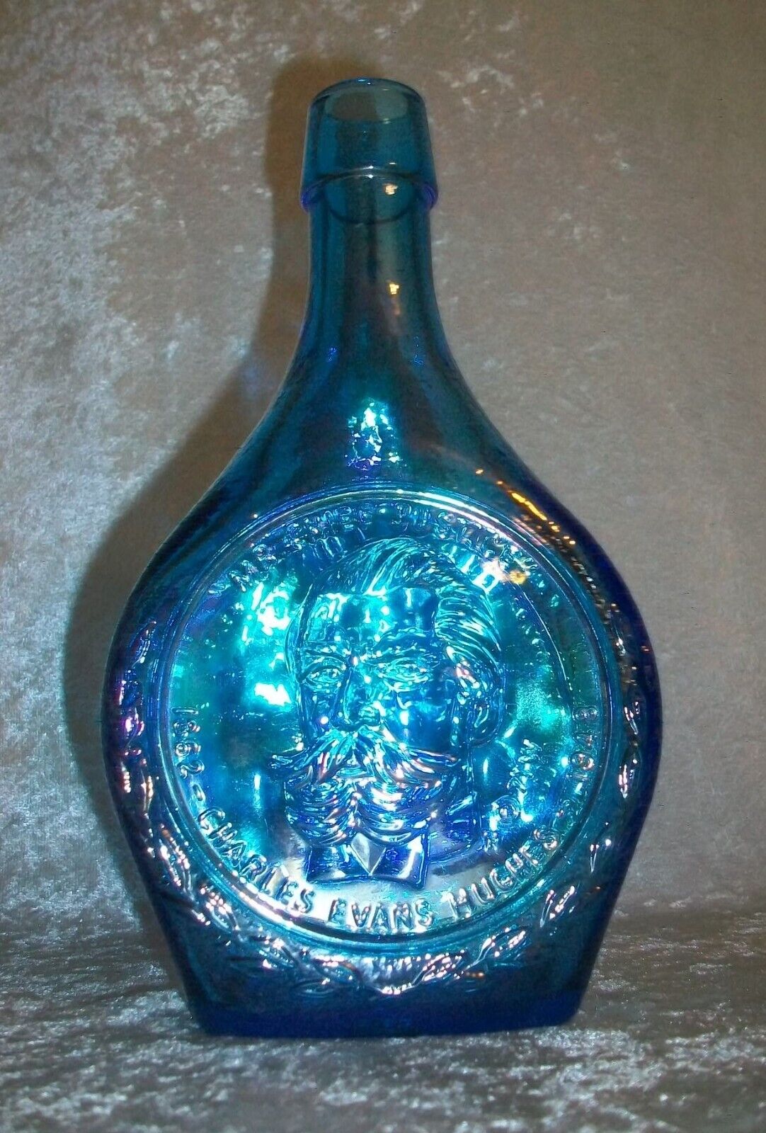 Vintage 1971 Wheaton Charles Evans Hughes Blue Iridescent Glass Decanter Bottle