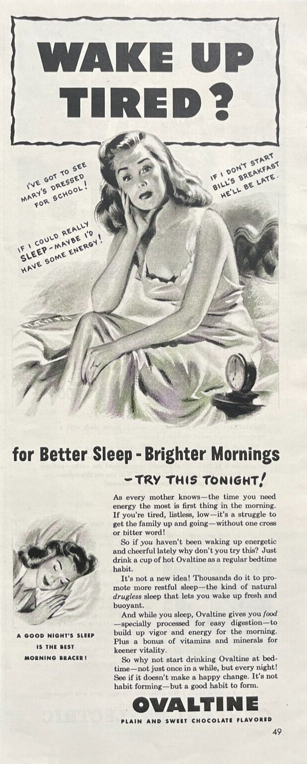 Ovaltine Plain And Chocolate Flavor Wake Up Rested Vintage Print Ad 1948