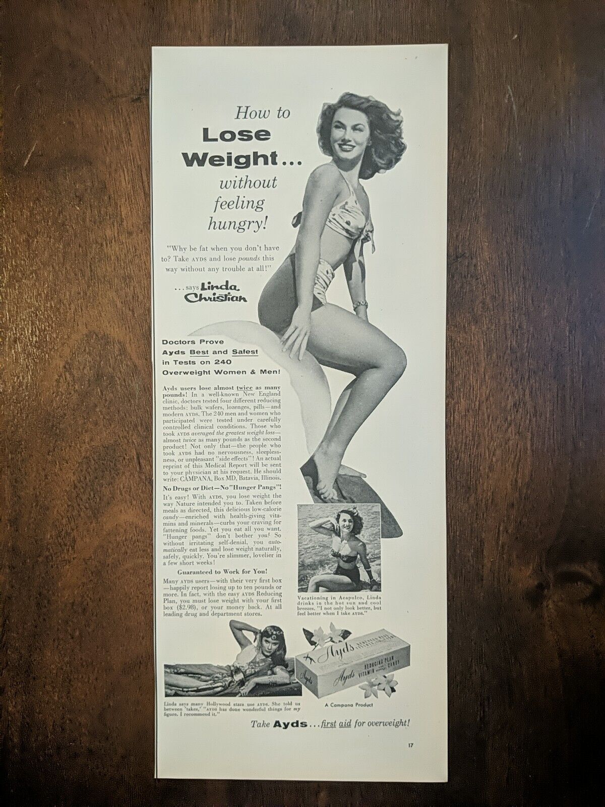1955 vintage ayds candy print ad . Featuring Linda Christian, Why Be Fat