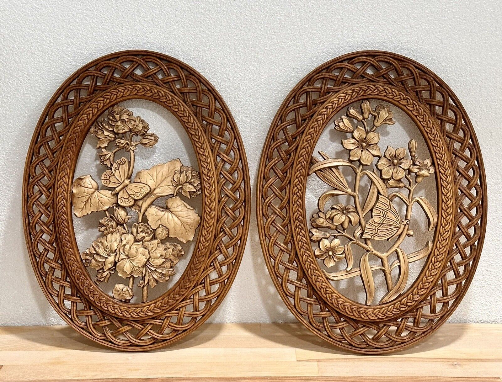 Vintage Pair 1970s Syroco Wall Plaques Hanging Decor Floral Braided Frame Design