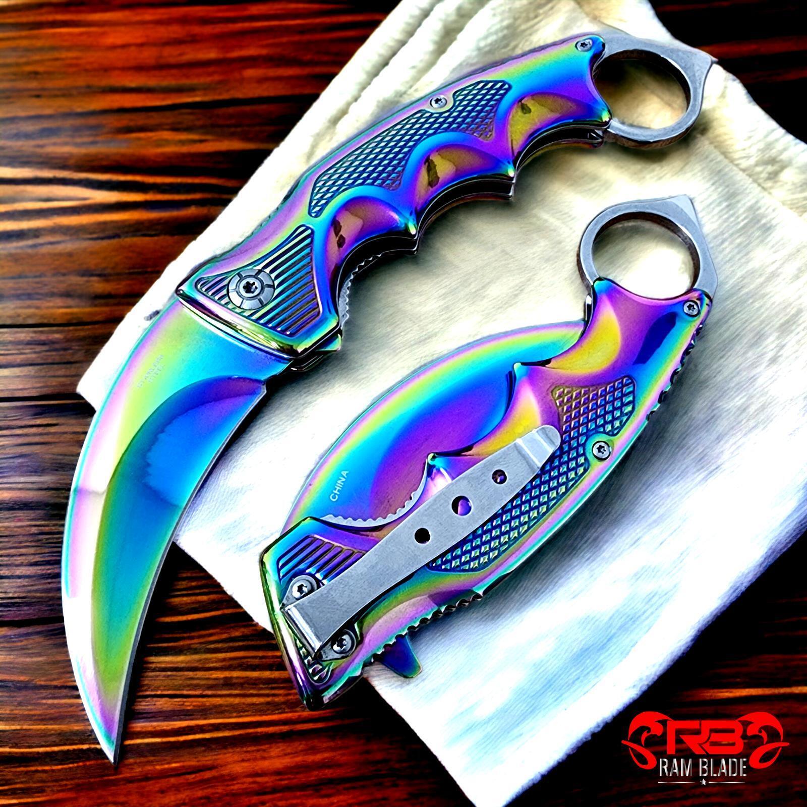Rainbow KARAMBIT SPRING POCKET KNIFE Tactical Open Folding Claw Assisted Blade
