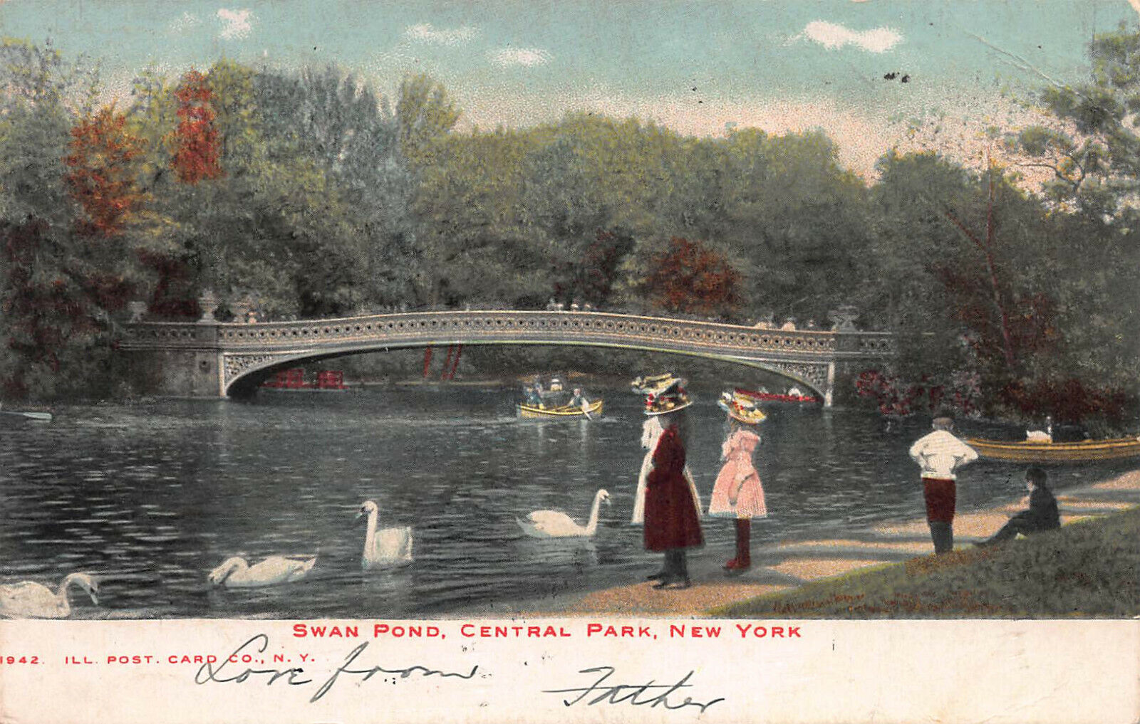 Swan Pond, Central Park, Manhattan, New York City, Early Postcard, Used 