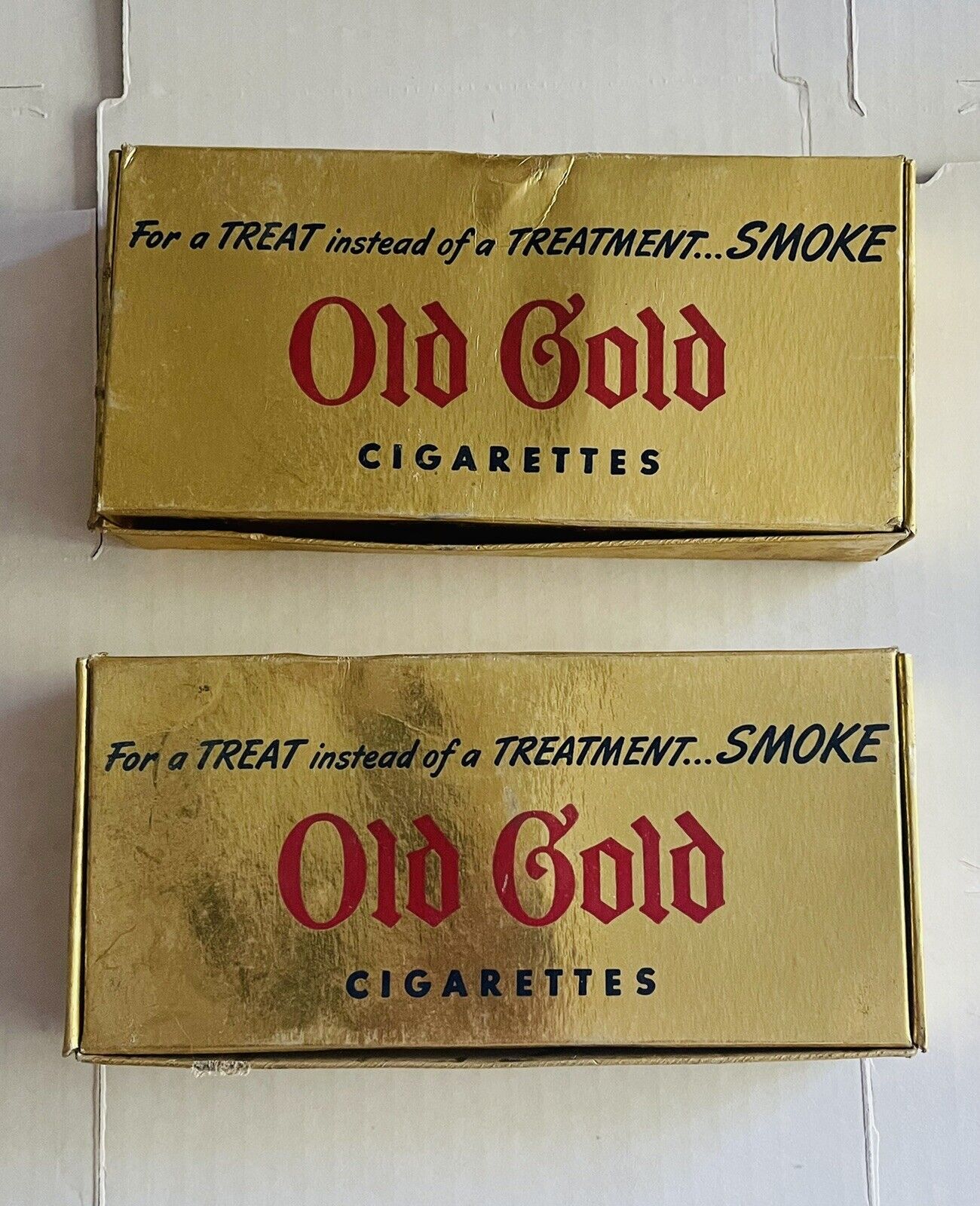 Vintage 2 Old Gold Cigarettes Paper Box, 1 Empty, 1 W/ Matches & Empty Tin Can