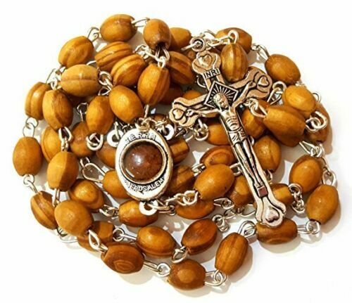 Blessed Catholic Rosary Necklace Olive Wood Oval Beads Jerusalem Soil Crucifix