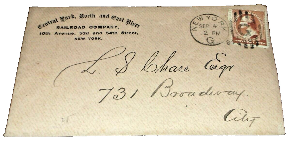 1884 CENTRAL PARK NORTH & EAST RIVER RAILROAD USED ENVELOPE NEW YORK CITY