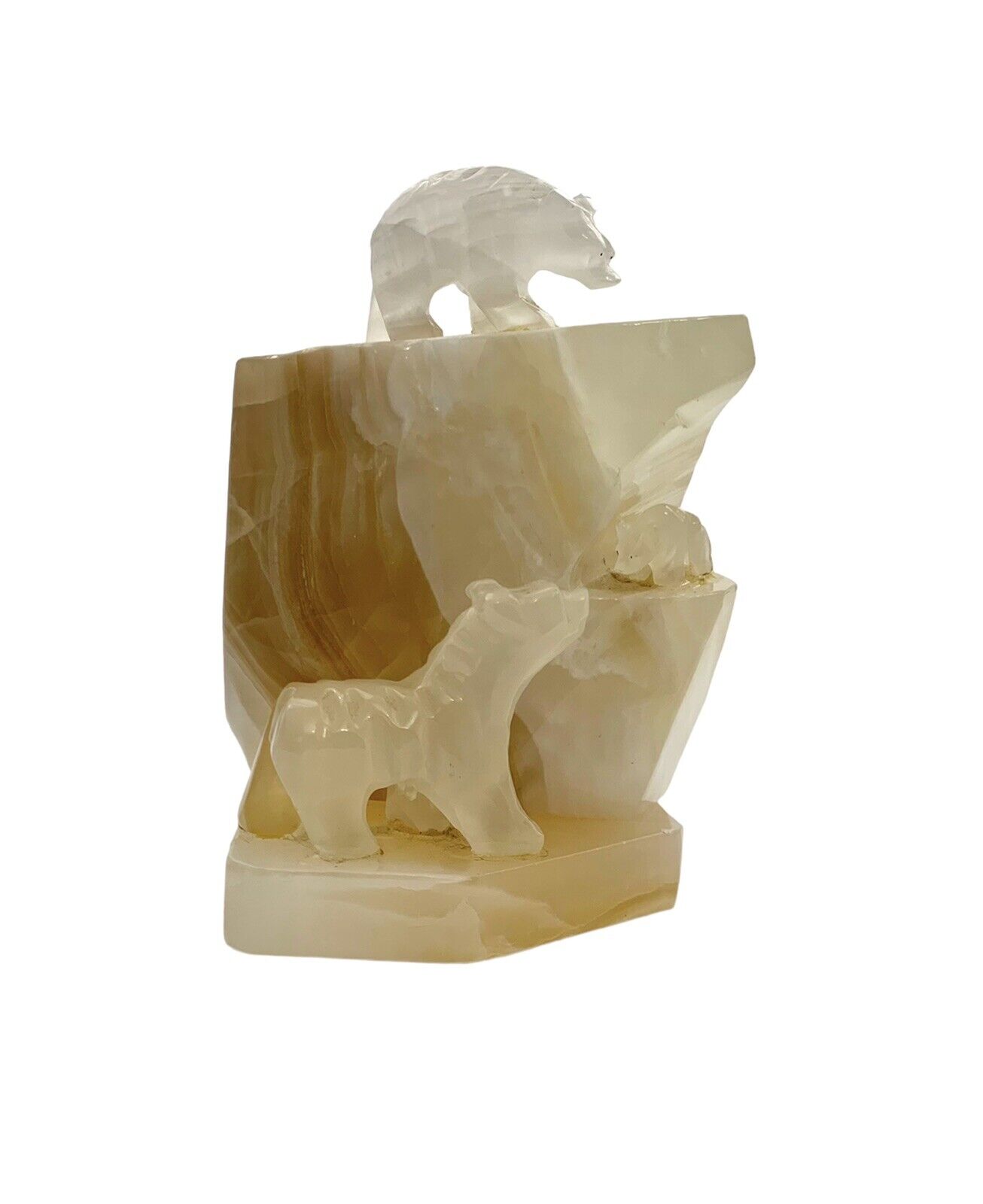 Polar Bear Sculpture on Iceberg Carved Onyx Vintage Heavy Alabaster Statue Decor