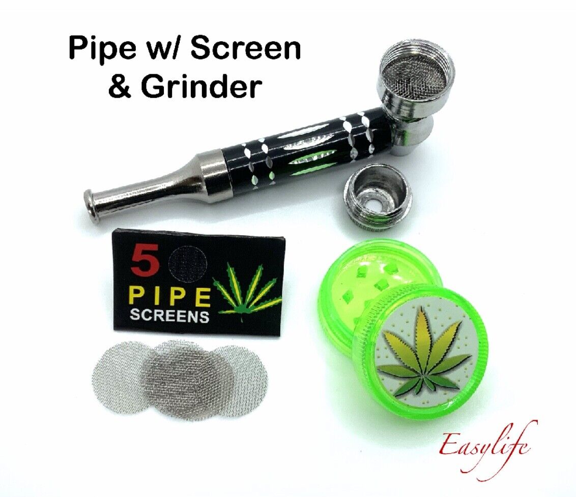  Black Metal Smoking Pipe With Cap, Screens And Small Grinder