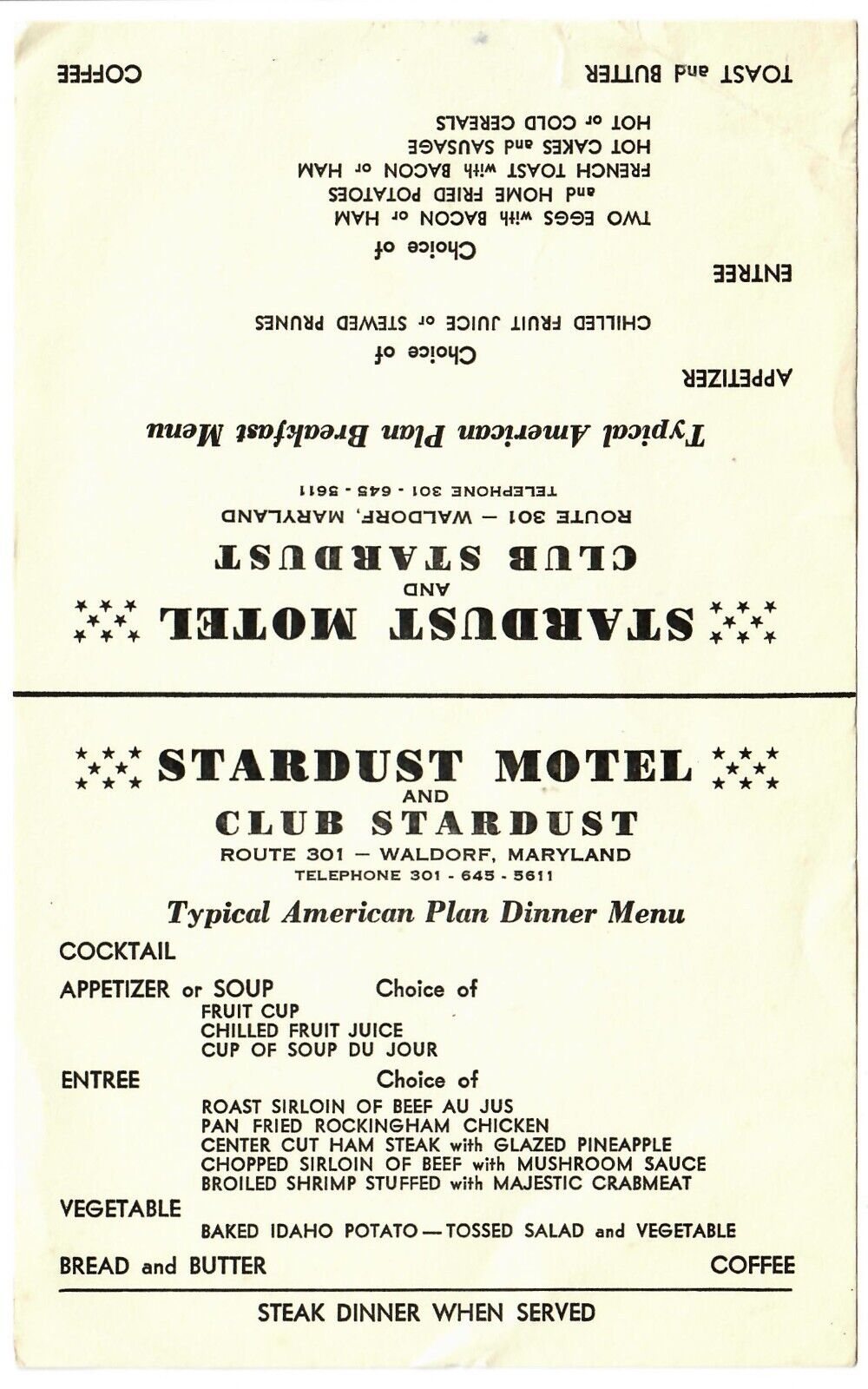 Vtg 1960s Stardust Motel Club Stardust Tabletop Folding Menu Dinner Breakfast