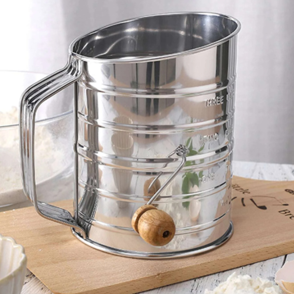 1PC Stainless Steel Flour Sifter Fine Mesh Rotary Hand Crank Flour Sifter